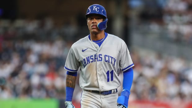 Jul 29, 2022; Bronx, New York, USA; Kansas City Royals shortstop Maikel Garcia (11) at Yankee Stadium. Mandatory Credit: Wendell Cruz-USA TODAY Sports